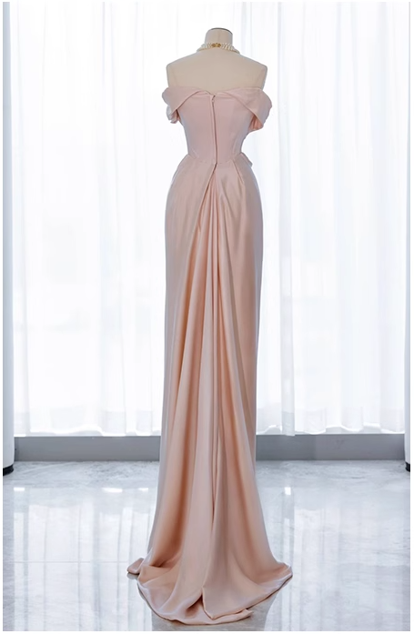 Pink off-shoulder satin formal maxi dress, pink evening gown dress ED0943