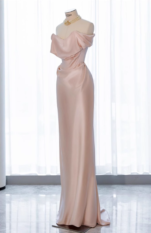 Pink off-shoulder satin formal maxi dress, pink evening gown dress ED0943