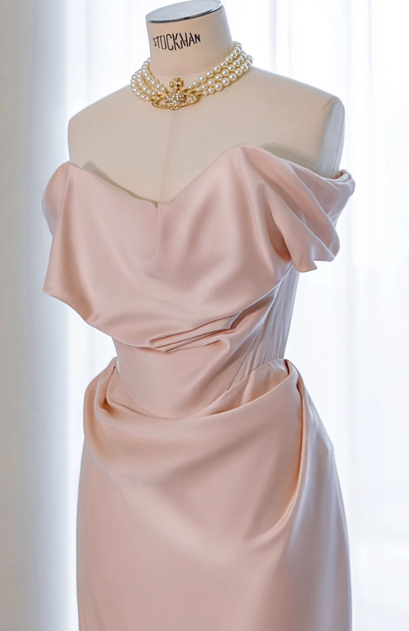 Pink off-shoulder satin formal maxi dress, pink evening gown dress ED0943