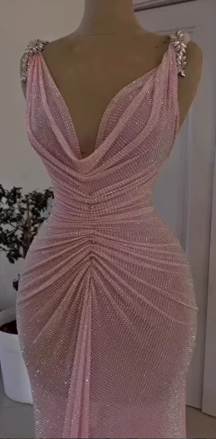 Elegant Straps Sheath Beaded Tulle Long Evening Dress Pink Prom Dress ED09443