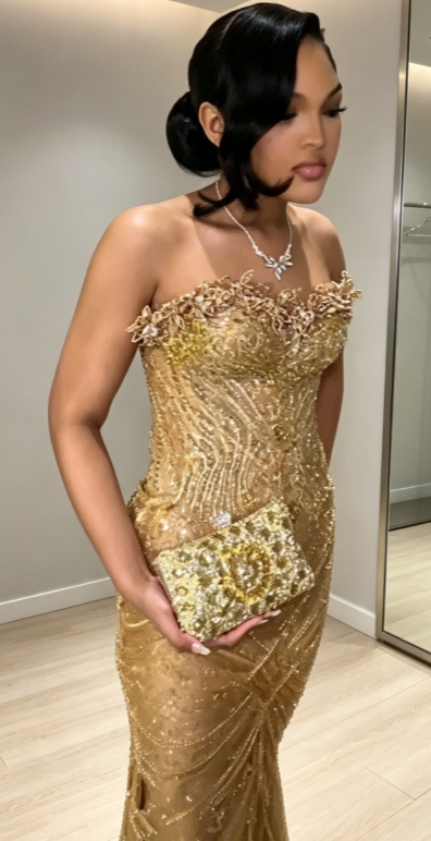 Elegant Sweetheart Sheath Tulle Beaded Long Evening Dress Gold Prom Dress ED09448