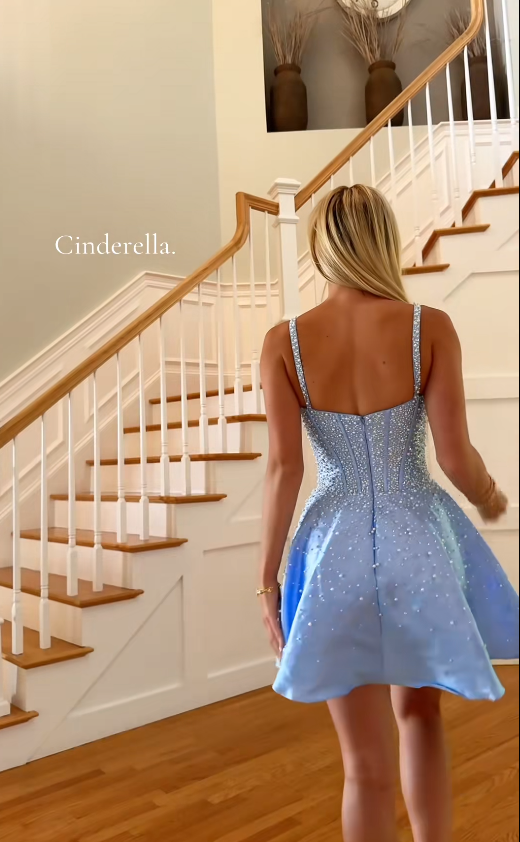 Fashion Blue Hoco Dress Straps A-Line Birthday Dress Satin Beaded Graduation Party Dress ED09464