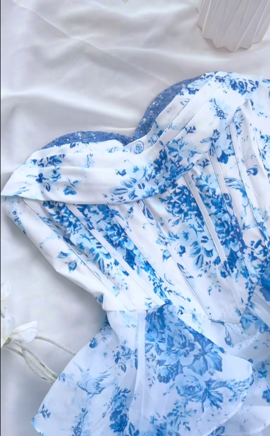 Fashion Blue Hoco Dress Strapless A-Line Birthday Dress Chiffon Floral Graduation Party Dress ED09465
