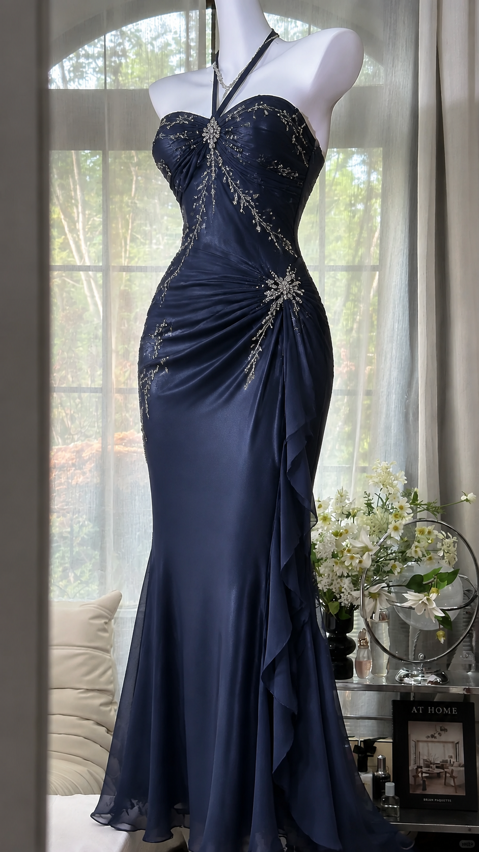 Elegant Navy Blue Prom Dress Halter Sheath Chiffon Long Evening Dress ED09472