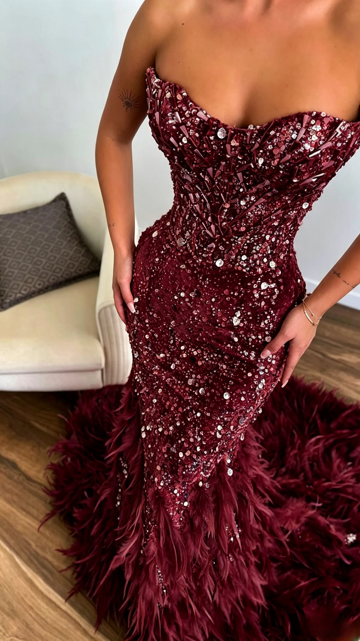 Elegant Burgundy Prom Dress Strapless Mermaid Tulle Sequins Long Evening Dress ED09481