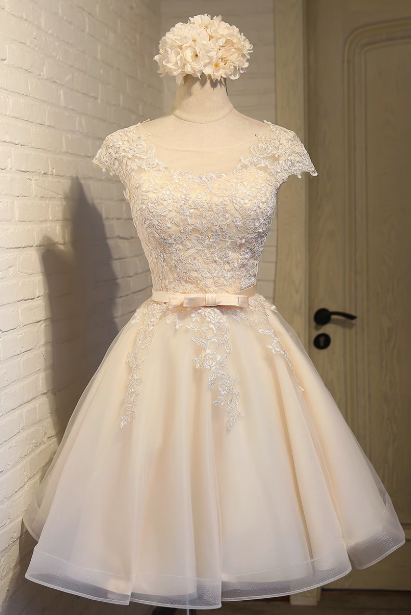 Champagne A-line tulle lace embroidered homecoming dress, champagne bridesmaid dress ED0948