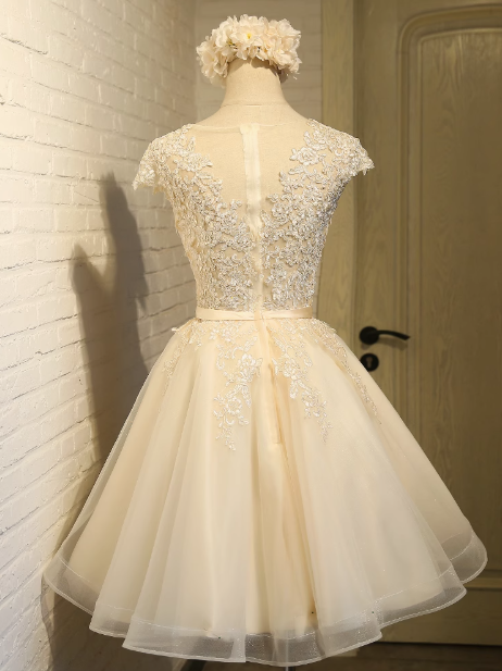Champagne A-line tulle lace embroidered homecoming dress, champagne bridesmaid dress ED0948
