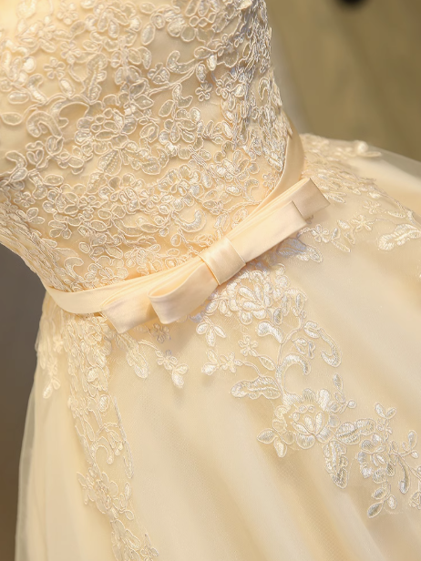 Champagne A-line tulle lace embroidered homecoming dress, champagne bridesmaid dress ED0948