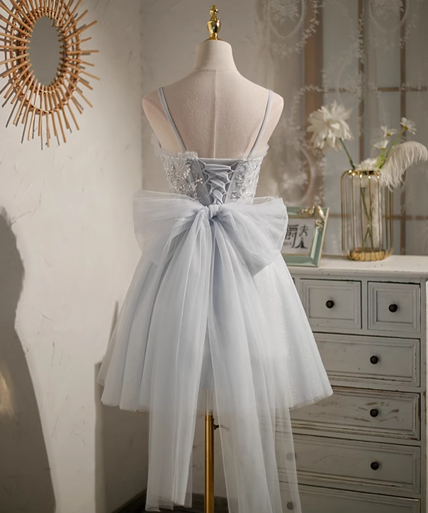 Graues A-Linien-Geburtstagskleid aus Netzstoff mit Pailletten und Perlen, graues Homecoming-Kleid ED0949