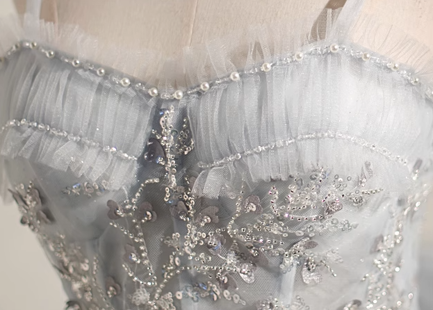 Graues A-Linien-Geburtstagskleid aus Netzstoff mit Pailletten und Perlen, graues Homecoming-Kleid ED0949