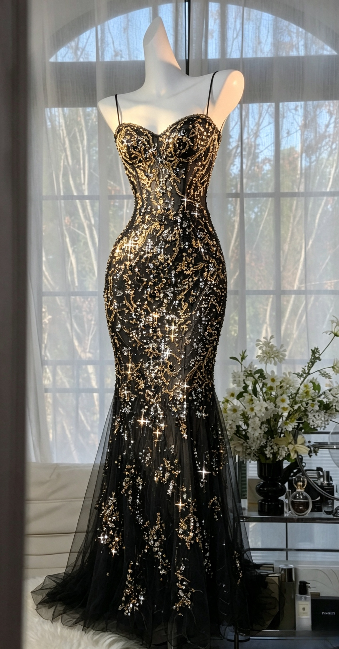 Vintage Black Prom Dress Spaghetti Straps Mermaid Tulle Sequins Long Evening Dress ED09507