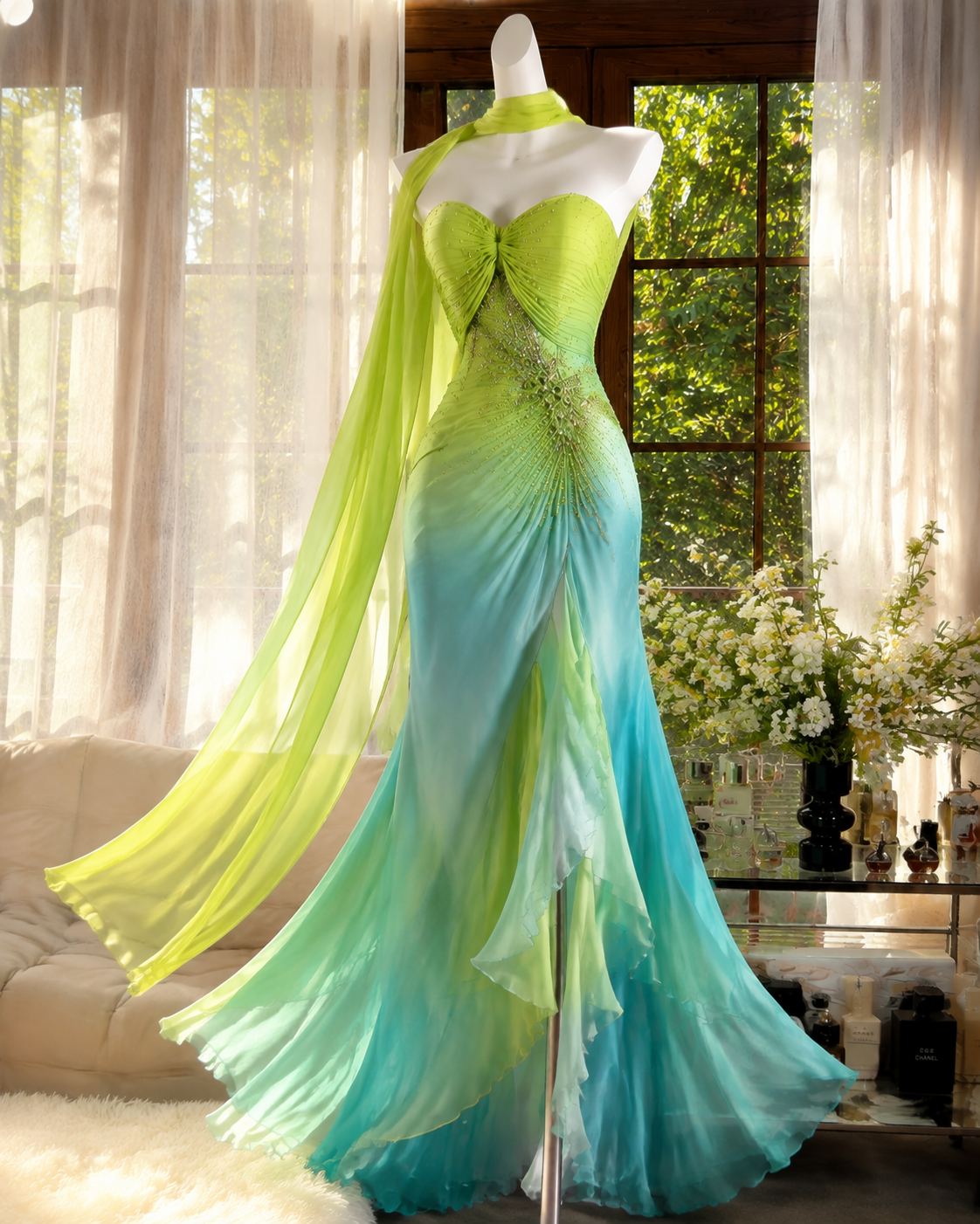 Vintage Green Prom Dress Sweetheart Sheath Chiffon Beaded Long Evening Dress ED09513