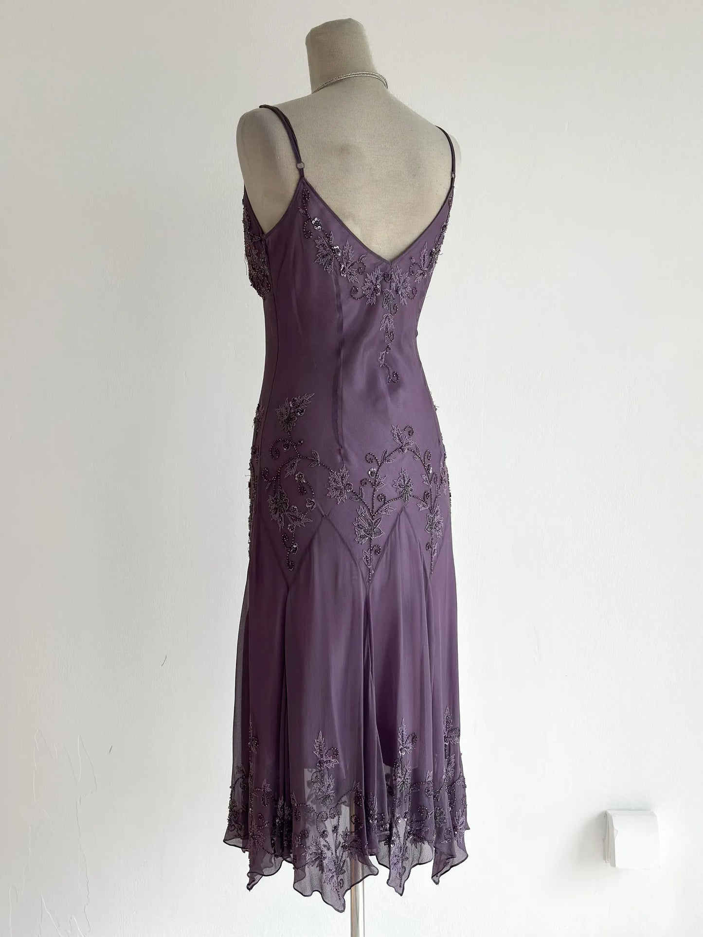 Vintage Purple Prom Dress Straps Sheath Chiffon Beaded Long Evening Dress ED09514