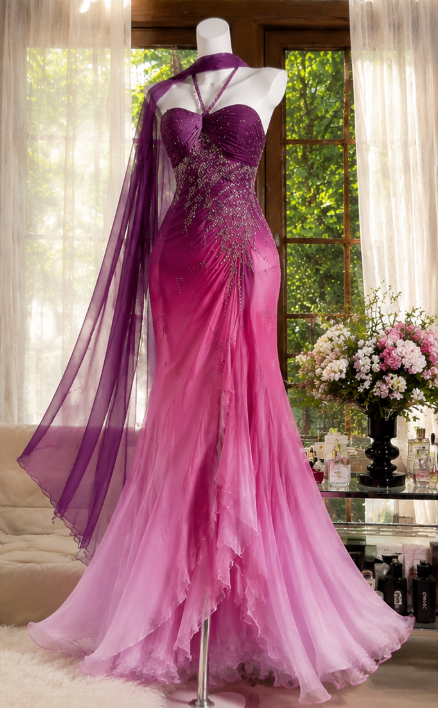 Chic Grape Prom Dress Halter Sheath Chiffon Beaded Long Evening Dress ED09518