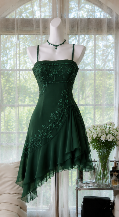 Vintage Dark Green Short Homecoming Dress Straps A-line Dress for Party Beaded Chiffon Birthday Dress ED09551