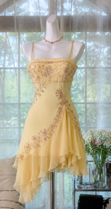 Vintage Yellow Short Homecoming Dress Straps A-line Dress for Party Beaded Chiffon Birthday Dress ED09553