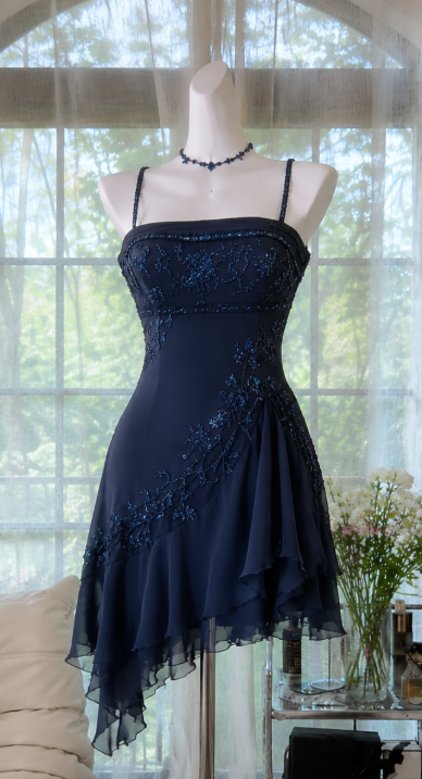 Vintage Navy Blue Short Homecoming Dress Straps A-line Dress for Party Beaded Chiffon Birthday Dress ED09554