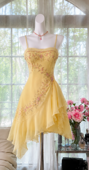 Vintage Yellow Short Homecoming Dress Straps A-line Dress for Party Beaded Chiffon Birthday Dress ED09555