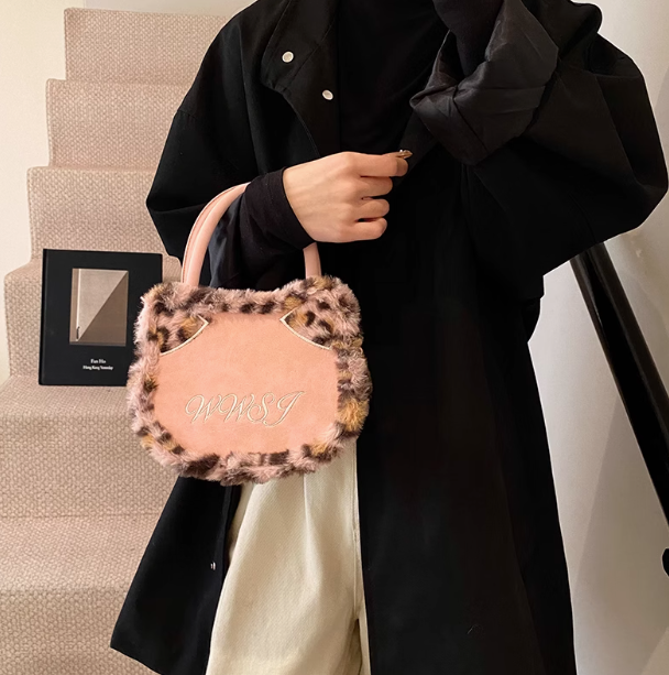 Leopard print plush patchwork tote bag crossbody bag ED0956