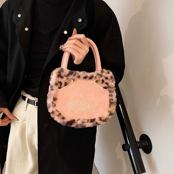 Leopard print plush patchwork tote bag crossbody bag ED0956