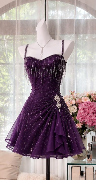 Fashion Burgundy Short Homecoming Dress Straps A-line Chiffon Beaded Birthday Dress ED09620
