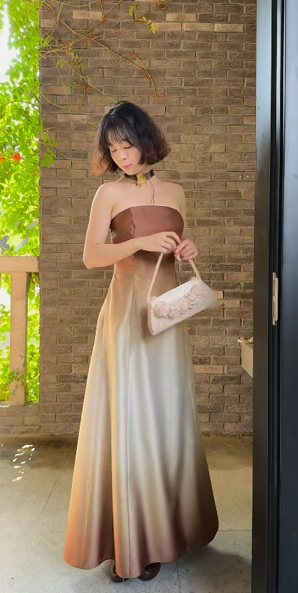 Gorgeous Brown Prom Dress Strapless A-Line Satin Long Evening Dress ED09640