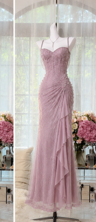 Gorgeous Dusty Pink Prom Dress Straps Sheath Beaded Chiffon Long Evening Dress ED09642