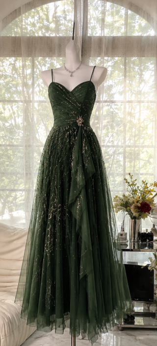 Gorgeous Dark Green Prom Dress Straps Sheath Beaded Chiffon Long Evening Dress ED09644