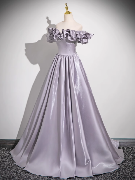 Gray Purple A-line Off-shoulder Satin Long Prom Dress, Gray Purple  Evening Dress ED0964