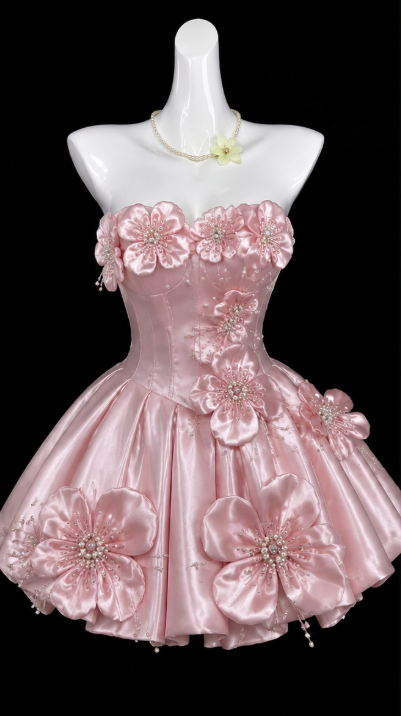 Mignonne Robe Rose Courte de Rentrée avec Applique, Coupe A-Line en Satin pour Fête, Robe Anniversaire Bustier ED09654