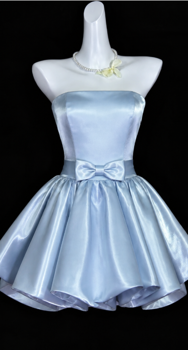 Jolie Robe Courte de Soirée Bleu Saphir A-ligne en Satin pour Fête Robe Bustier d'Anniversaire ED09656