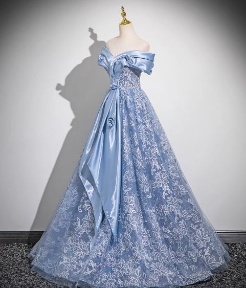 Blue A-line Off-shoulder Tulle Satin Long Prom Dress, Blue Evening Dress ED0965
