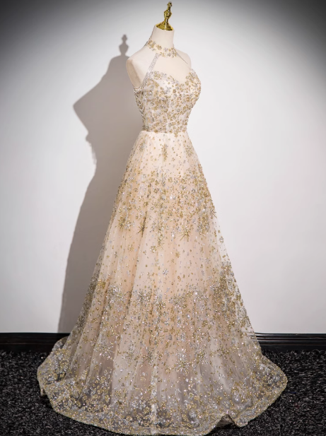 Champagne A-line tulle sequin long prom dress, champagne evening dress ED0966