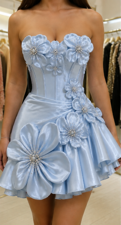 Robe courte de bal de fin d'année bleu sexy, robe d'anniversaire trapèze, robe bustier pour soirée ED09672
