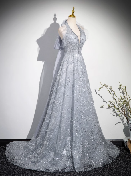 A-line V-neck mesh sequin long prom dress, evening dress ED0967