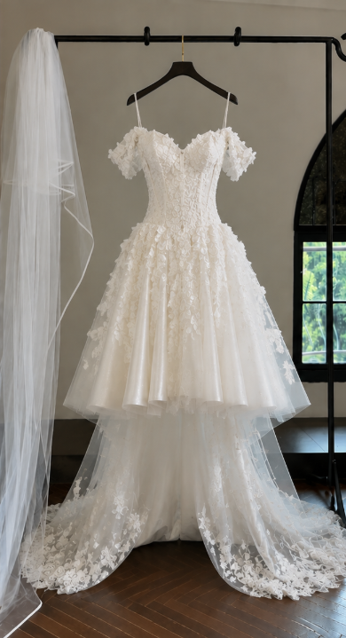 Robe de mariée trapèze modeste en dentelle blanche pour la mariée ED09686