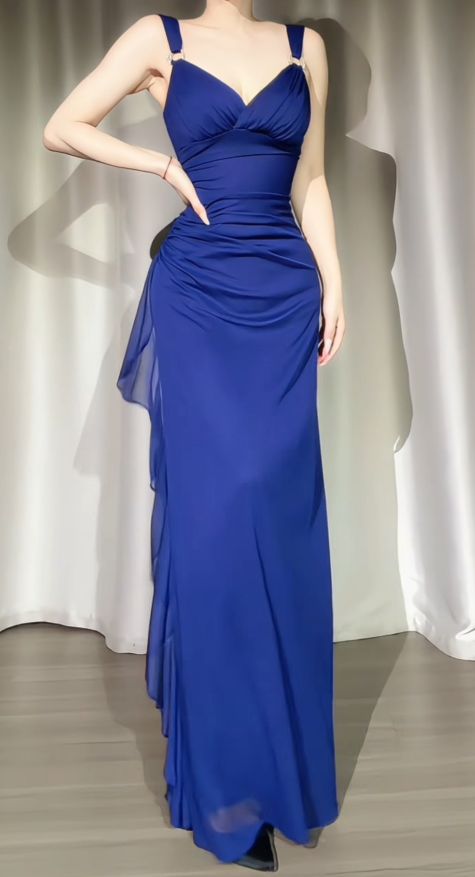 Modest Blue Prom Dress Straps Sheath Chiffon Evening Dress ED09690
