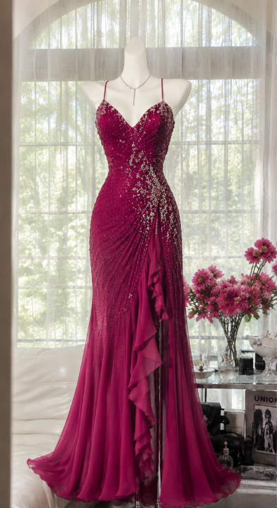 Glam Hot Pink Prom Dress Sheath Beaded Chiffon Long Evening Dress ED09697