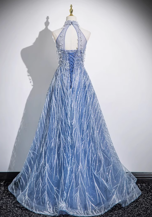 Blue A-line off-shoulder tulle beaded sequined long prom dress, blue evening dress ED0969
