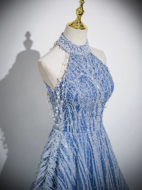 Blue A-line off-shoulder tulle beaded sequined long prom dress, blue evening dress ED0969