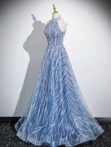 Blue A-line off-shoulder tulle beaded sequined long prom dress, blue evening dress ED0969