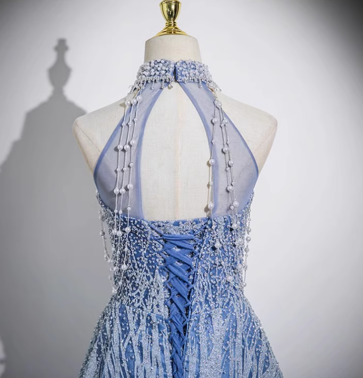 Blue A-line off-shoulder tulle beaded sequined long prom dress, blue evening dress ED0969