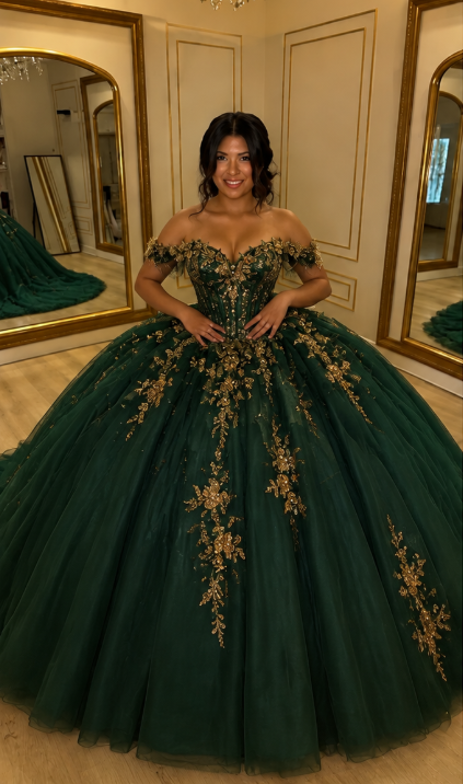 Glam Dark Green Ball Gown Sweetheart 16 Dress Off-shoulder Tulle Quinceanera Dress ED09705