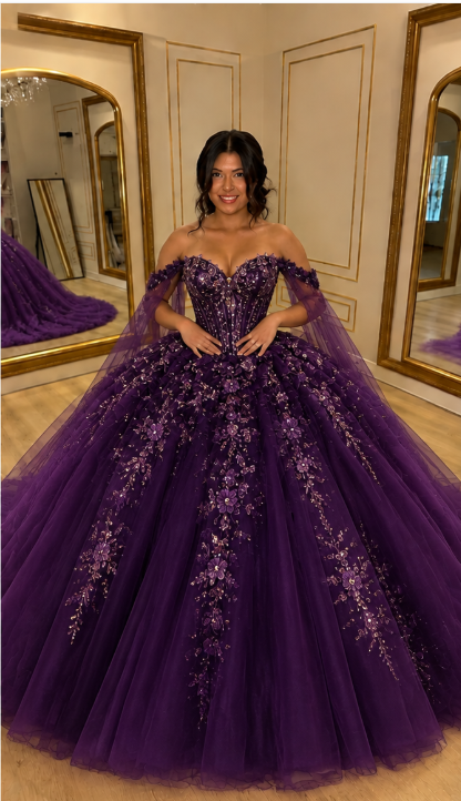 Glam Deep Purple Ball Gown Sweetheart 16 Dress Off-shoulder Tulle Quinceanera Dress ED09707