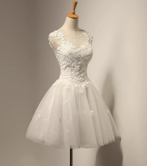 White A-line tulle lace short prom dress, white bridesmaid dress ED0970