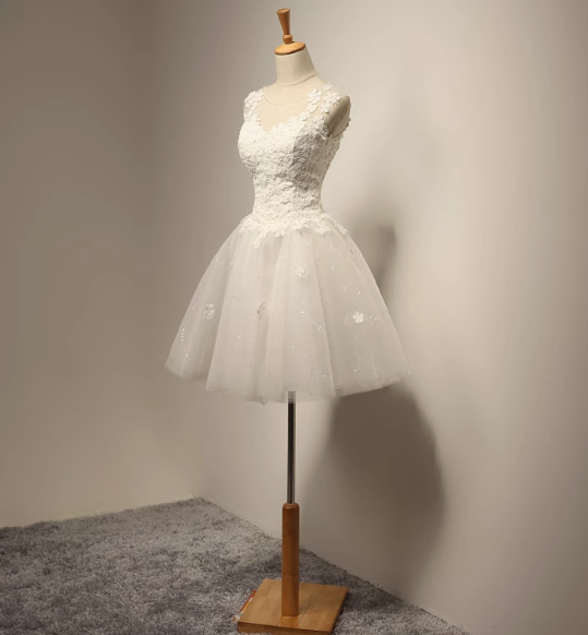 White A-line tulle lace short prom dress, white bridesmaid dress ED0970