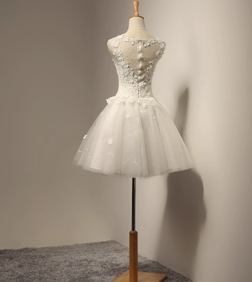 White A-line tulle lace short prom dress, white bridesmaid dress ED0970