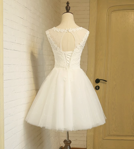 White A-line tulle lace short prom dress, white bridesmaid dress ED0970