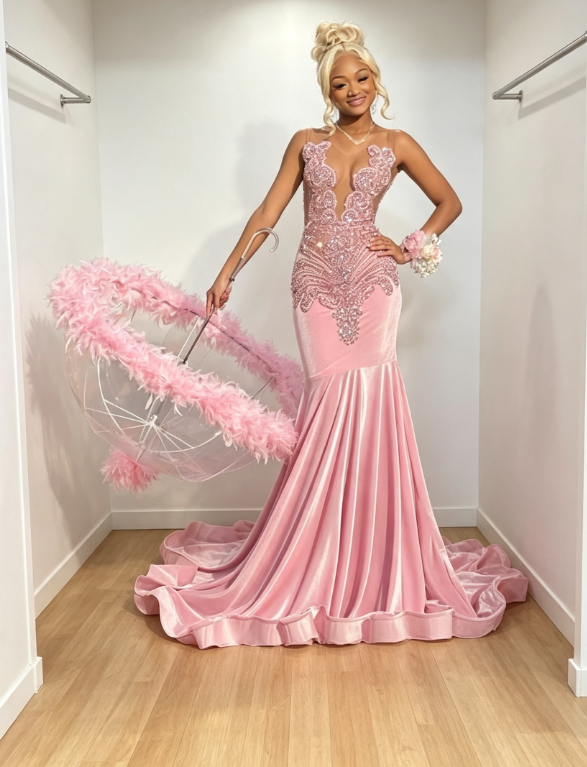 Robe de bal rose tendance bustier sirène velours longue robe de soirée ED09732