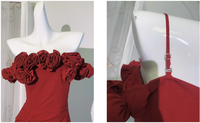 Burgunderrotes abnehmbares Sling-Kleid mit 3D-Rosen ED0973